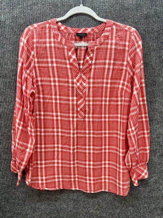 Talbots Tops - Talbots Band Collar Tunic Top Womens Large Red Plaid Long Sleeve Notch V-Neck
